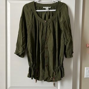 Gently worn army green jacket with cinched hem